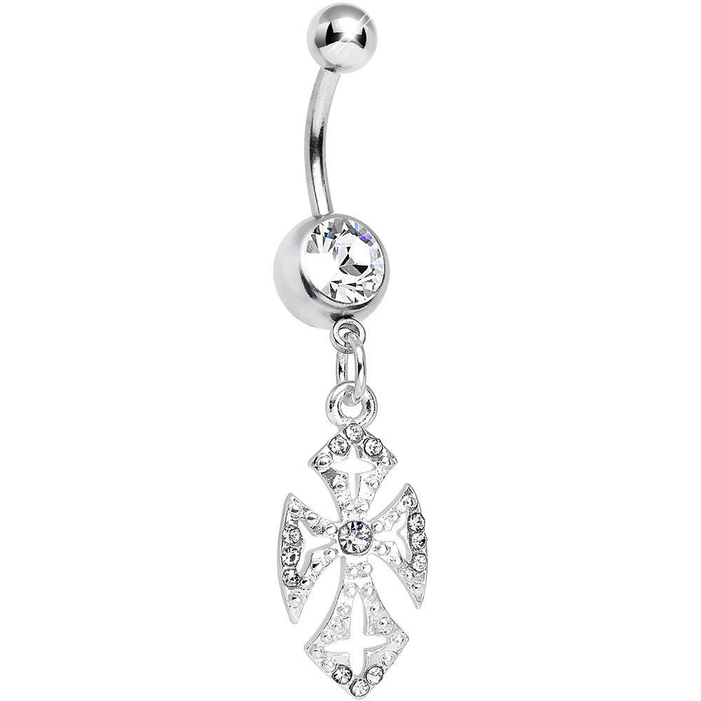 Clear Gem Ornate Heavenly Cross Dangle Belly Ring