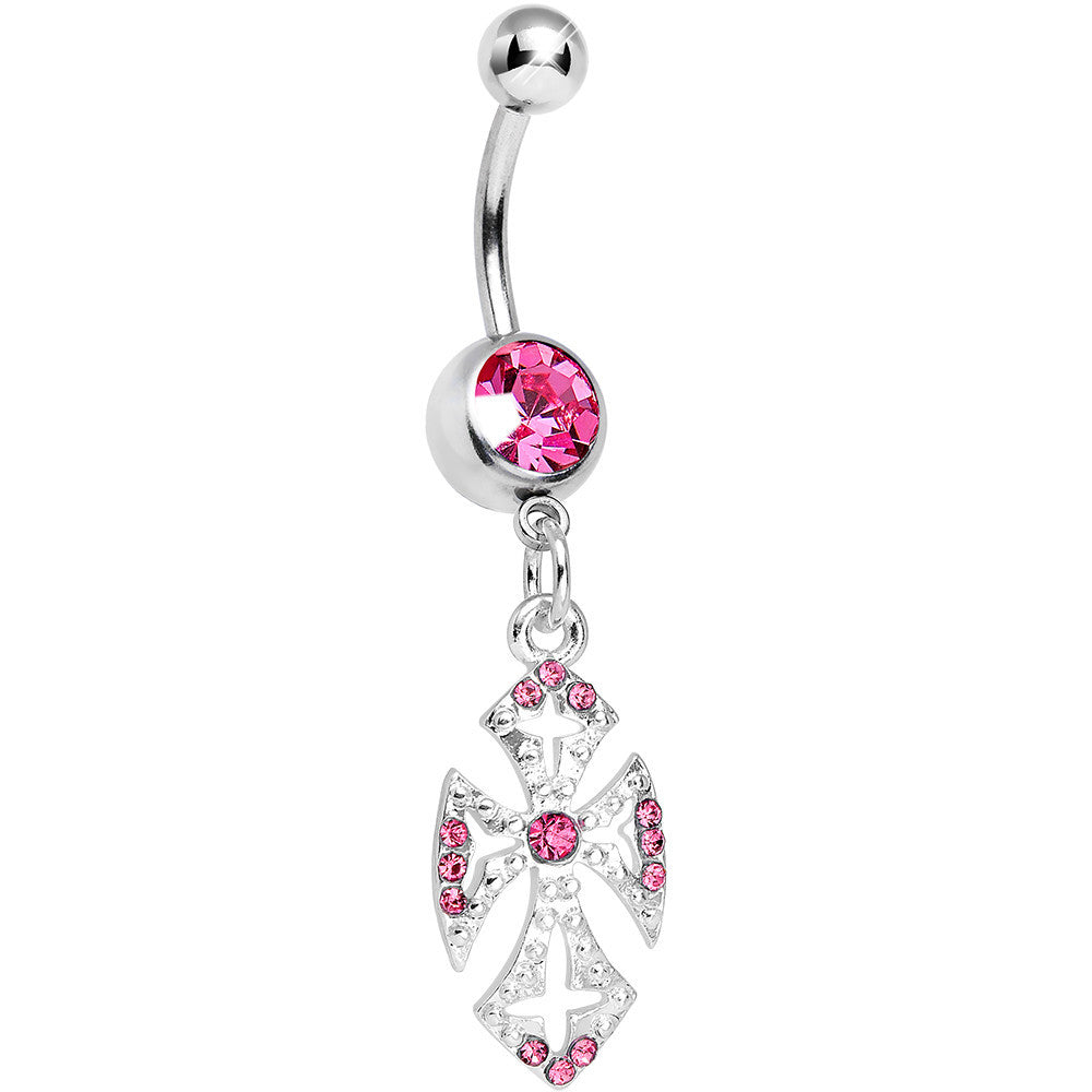 Pink Gem Ornate Heavenly Cross Dangle Belly Ring