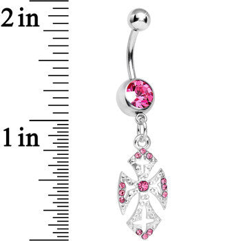 Pink Gem Ornate Heavenly Cross Dangle Belly Ring