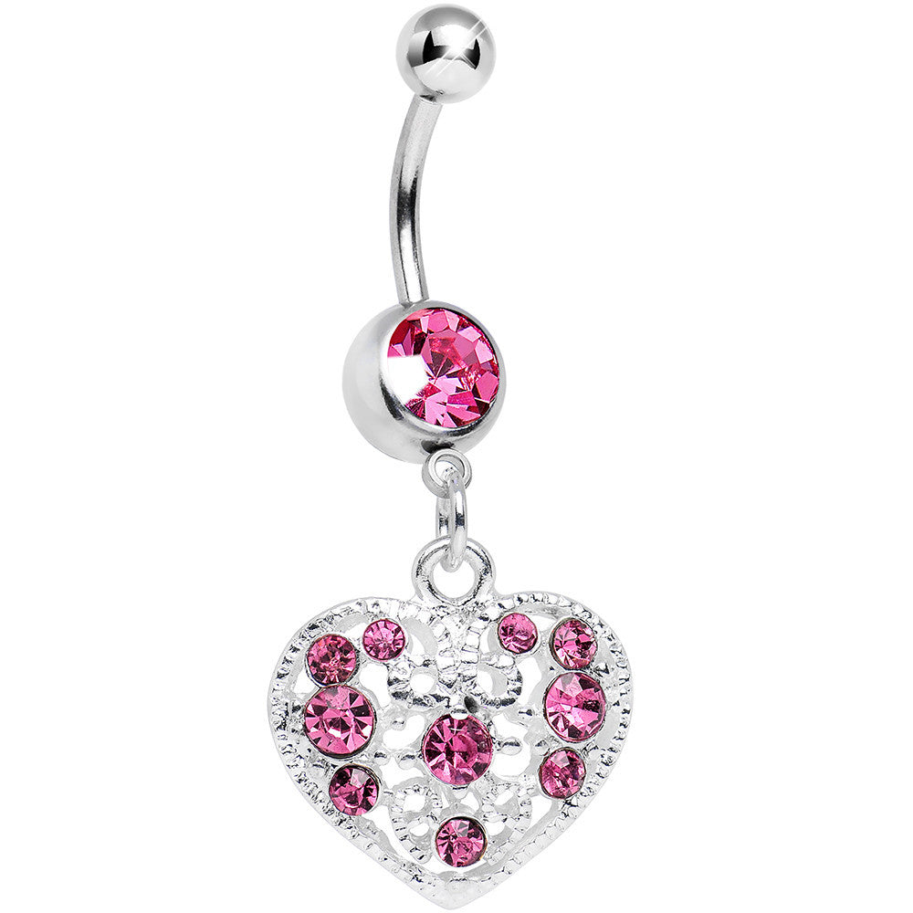 Pink Gem Lacy Heirloom Heart Dangle Belly Ring