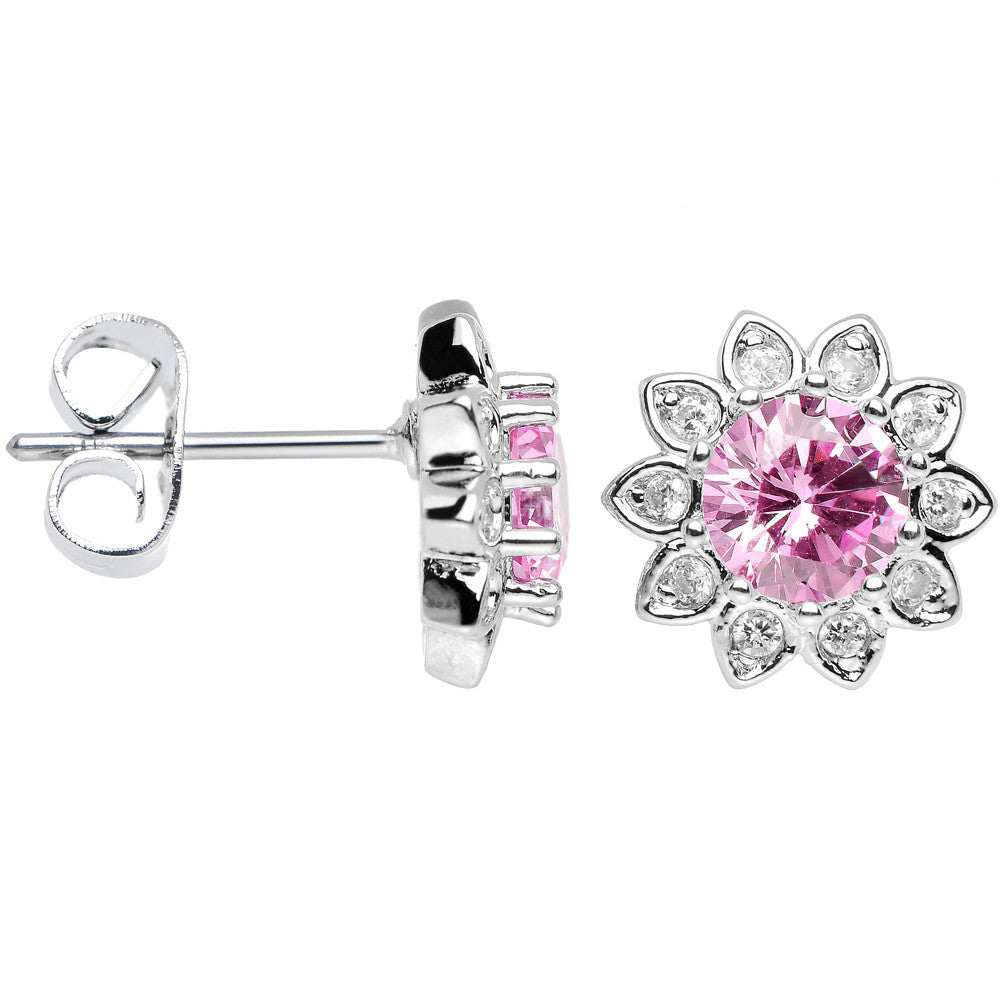Pink Clear Cubic Zirconia Brilliant Sunburst Flower Stud Earrings