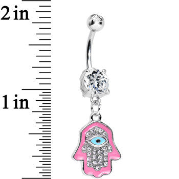 Clear Cubic Zirconia Blessed Pink Hamsa Hand Dangle Belly Ring