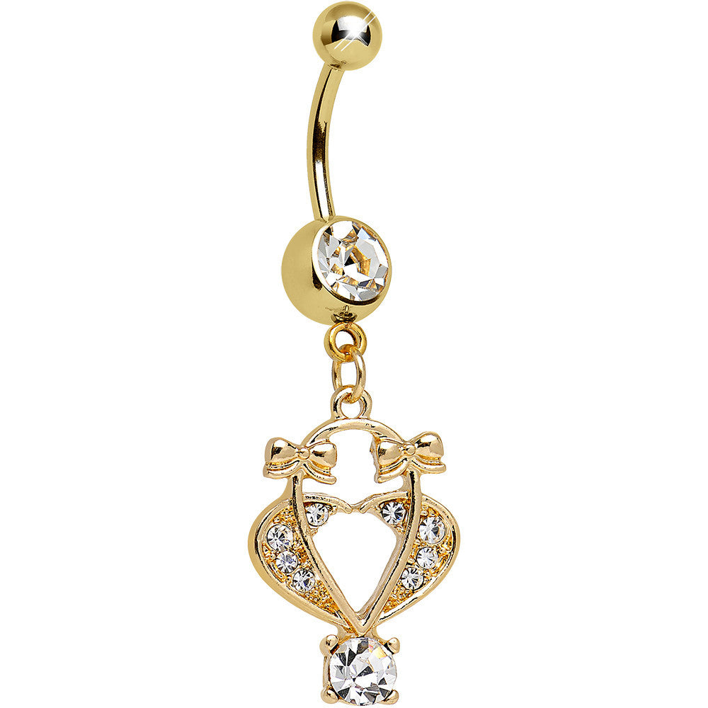 Clear Gem Gold Plated Bow Tied Basket Heart Dangle Belly Ring