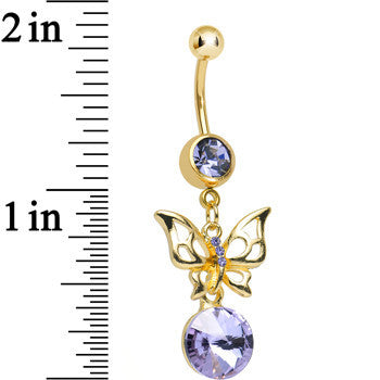 Purple Gem Gold Titanium Round Droplet and Butterfly Dangle Belly Ring