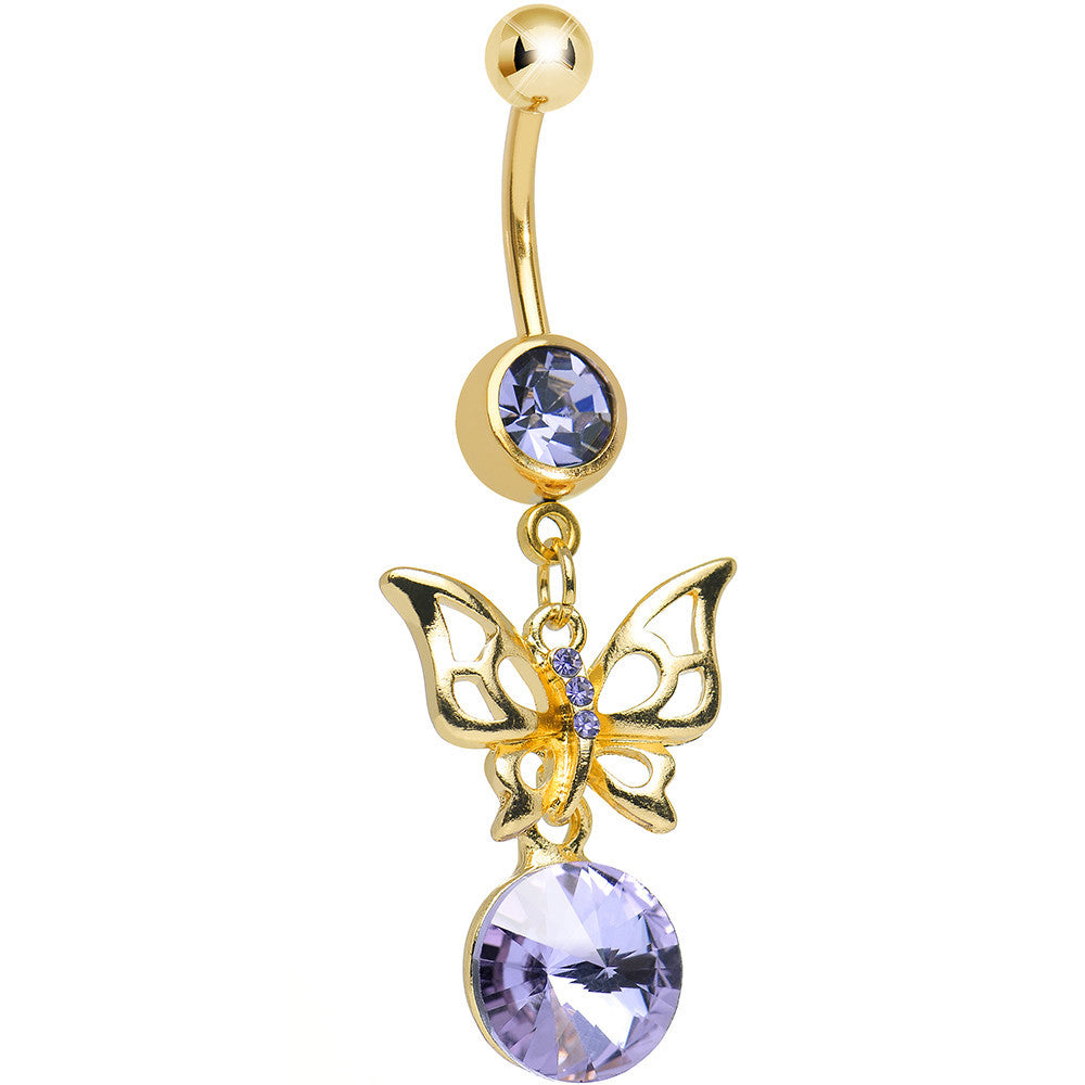 Purple Gem Gold Titanium Round Droplet and Butterfly Dangle Belly Ring