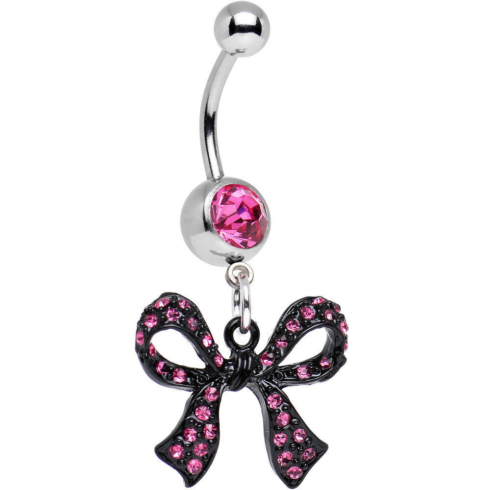 Pink Gem Paved Black Girly Bow Dangle Belly Ring
