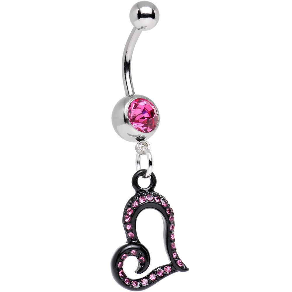 Pink Gem Paved Black Asymmetrical Heart Dangle Belly Ring