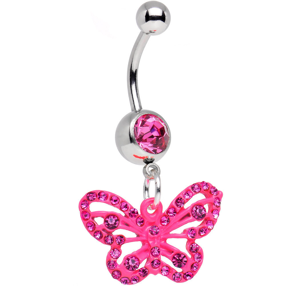 Pink Gem Pink Fluttering Butterfly Dangle Belly Ring