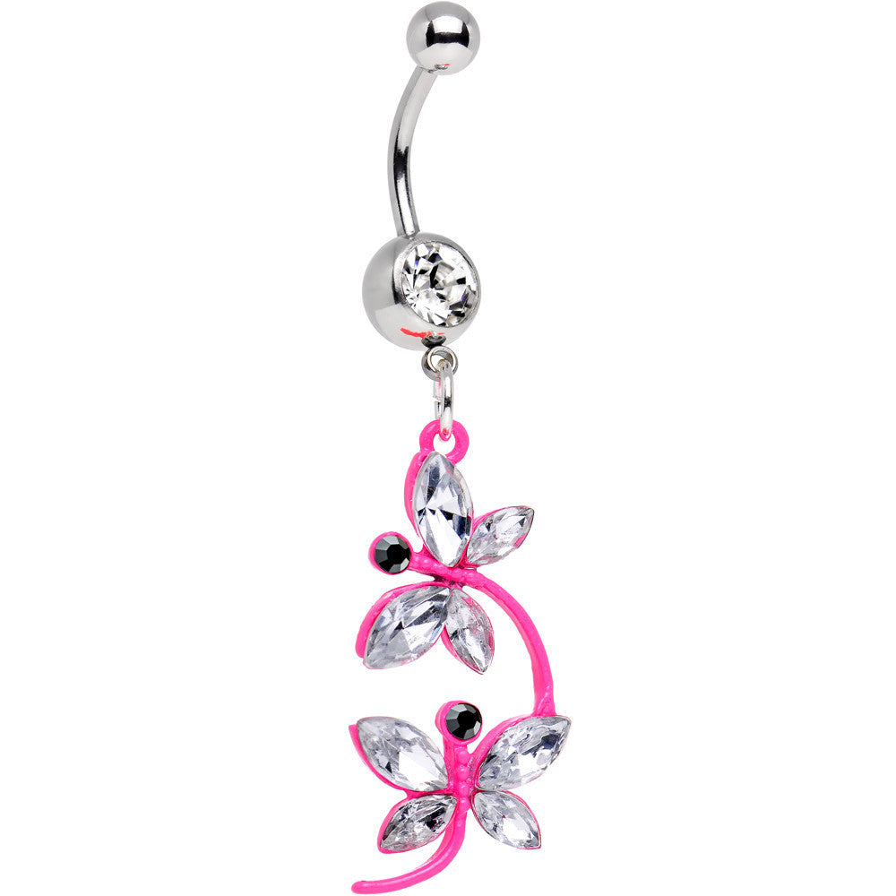 Clear Gem Dazzling Duo of Dragonflies Dangle Belly Ring