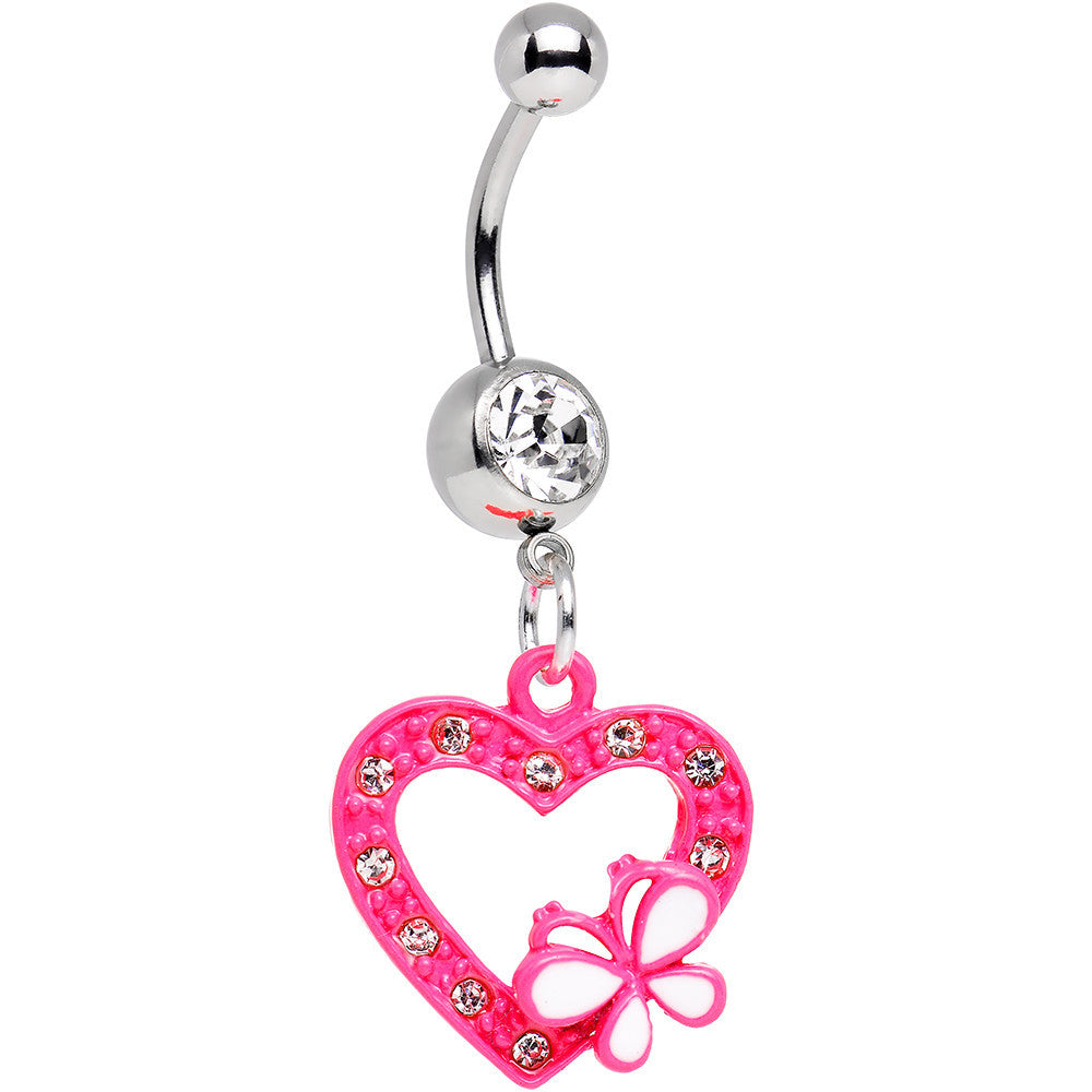 Clear Gem White Butterfly Loving Heart Dangle Belly Ring