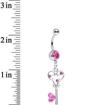 Pink Gem Fancy Curlicue Heart Key Dangle Belly Ring