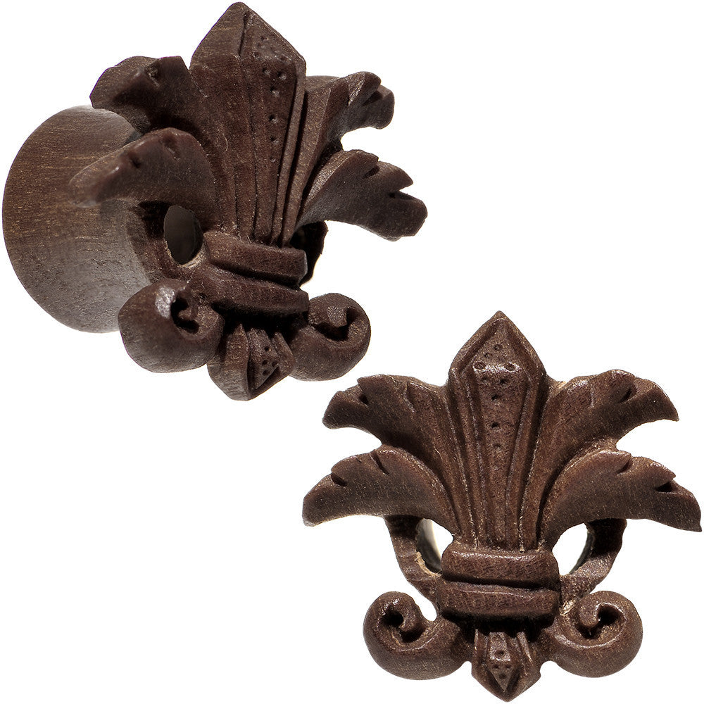 7/16 Organic Wood Fleur-De-Lis Hand Carved Plug Set