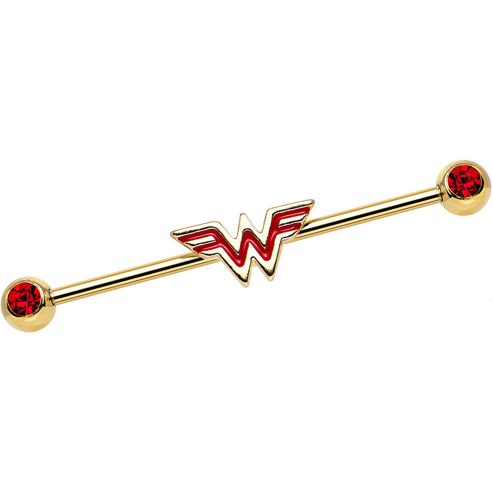 Red Gem Gold Plated Licensed Wonder Woman Logo Industrial Barbell