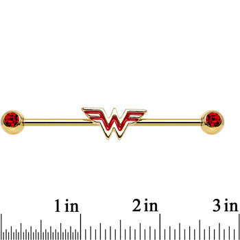 Red Gem Gold Plated Licensed Wonder Woman Logo Industrial Barbell