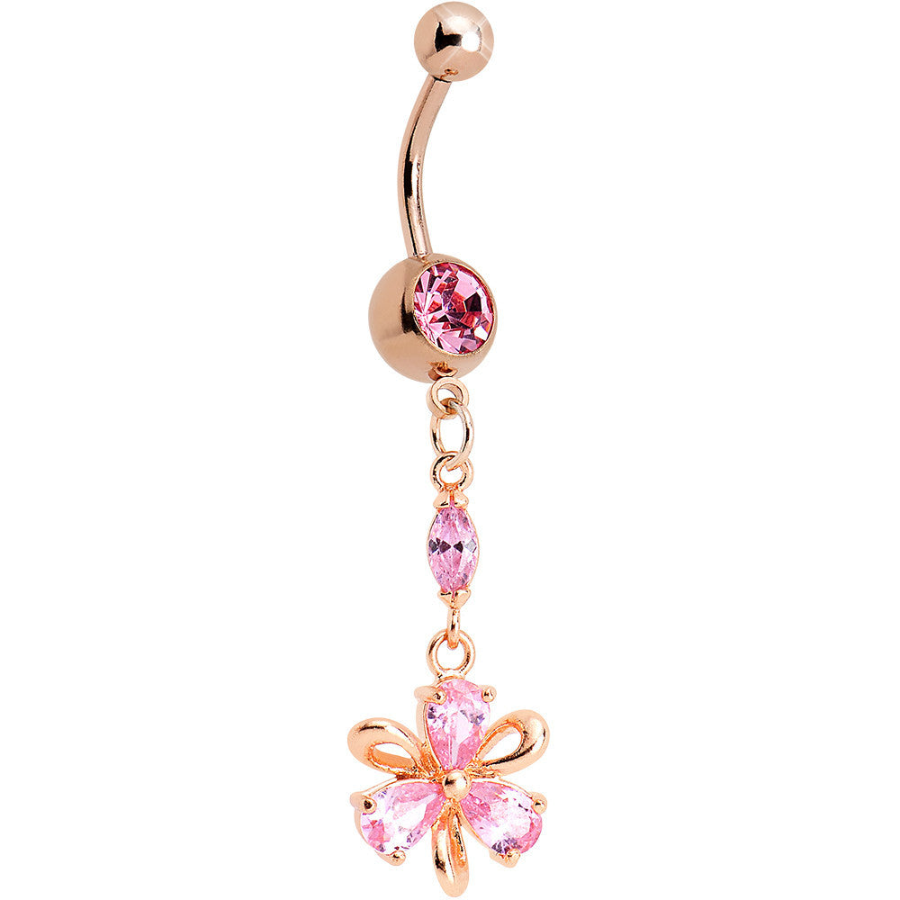 Pink CZ Rose Gold Plated Ribbon Flower Charm Dangle Belly Ring