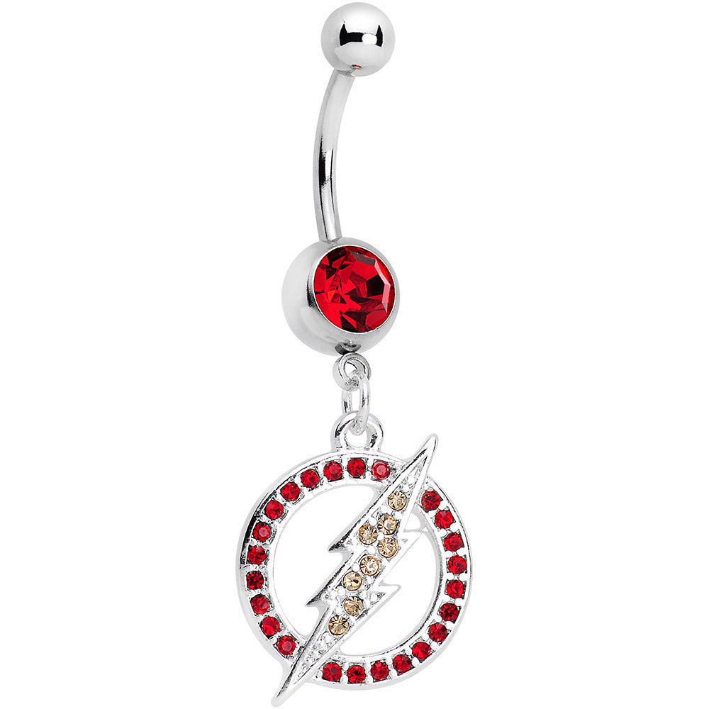 Red Gem Stainless Steel Licensed The Flash Logo Dangle Belly Ring