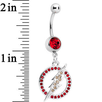Red Gem Stainless Steel Licensed The Flash Logo Dangle Belly Ring