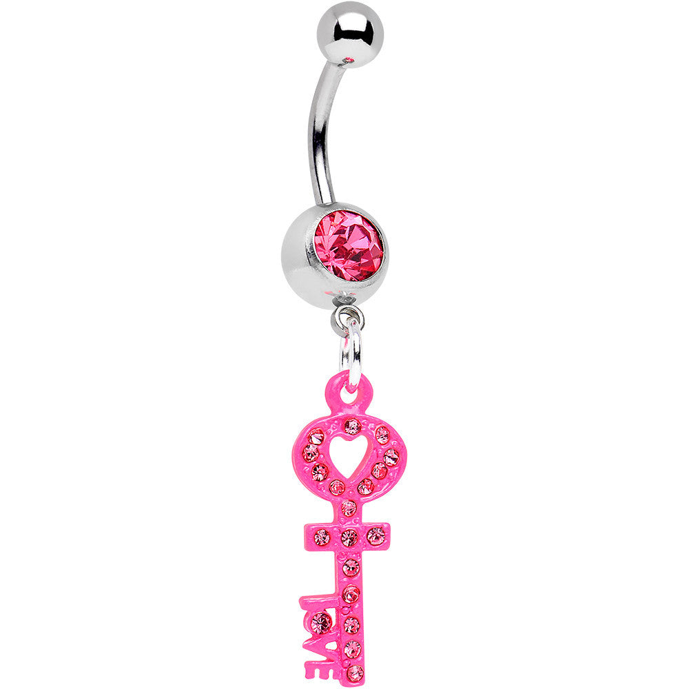 Pink Gem Open Your Heart to Love Pink Key Dangle Belly Ring
