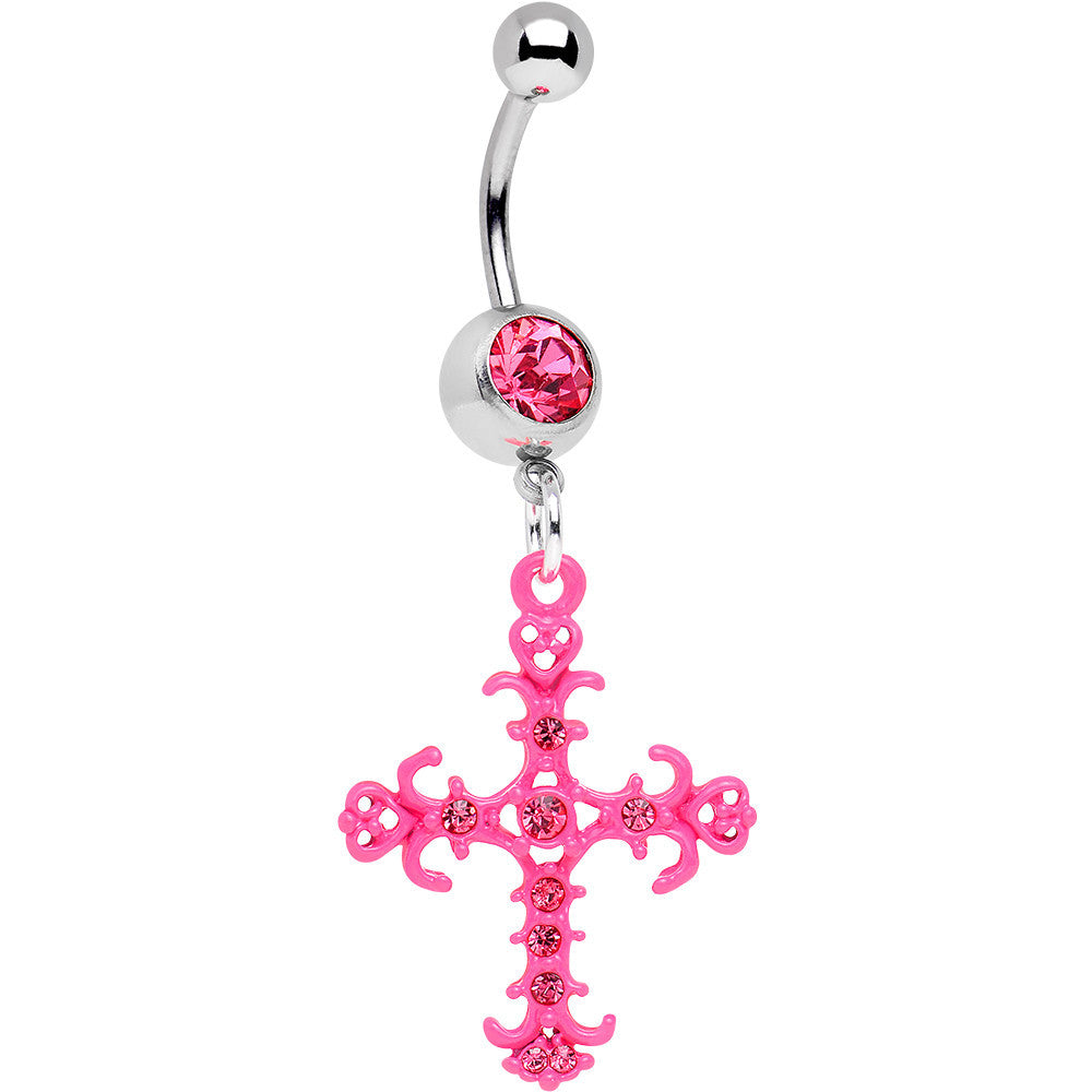 Pink Gem Baroque Pink Cross Dangle Belly Ring
