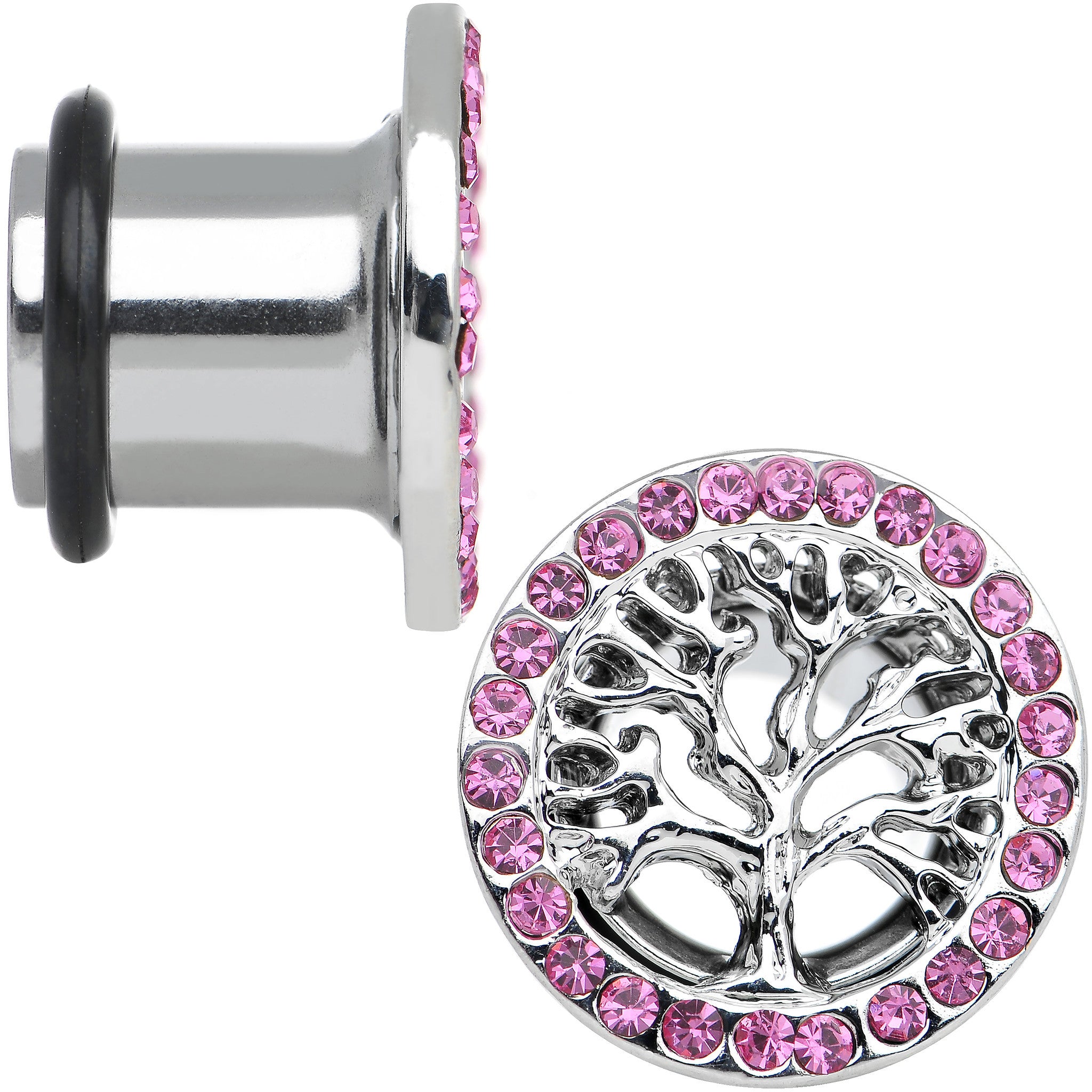 00G Pink Gem Stainless Steel Single Flare Tree of Life Plug Set