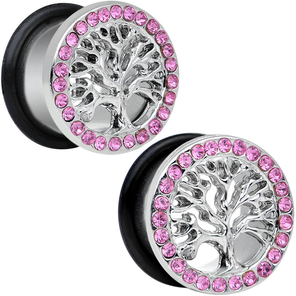 9/16 Pink Gem Stainless Steel Single Flare Tree of Life Plug Set