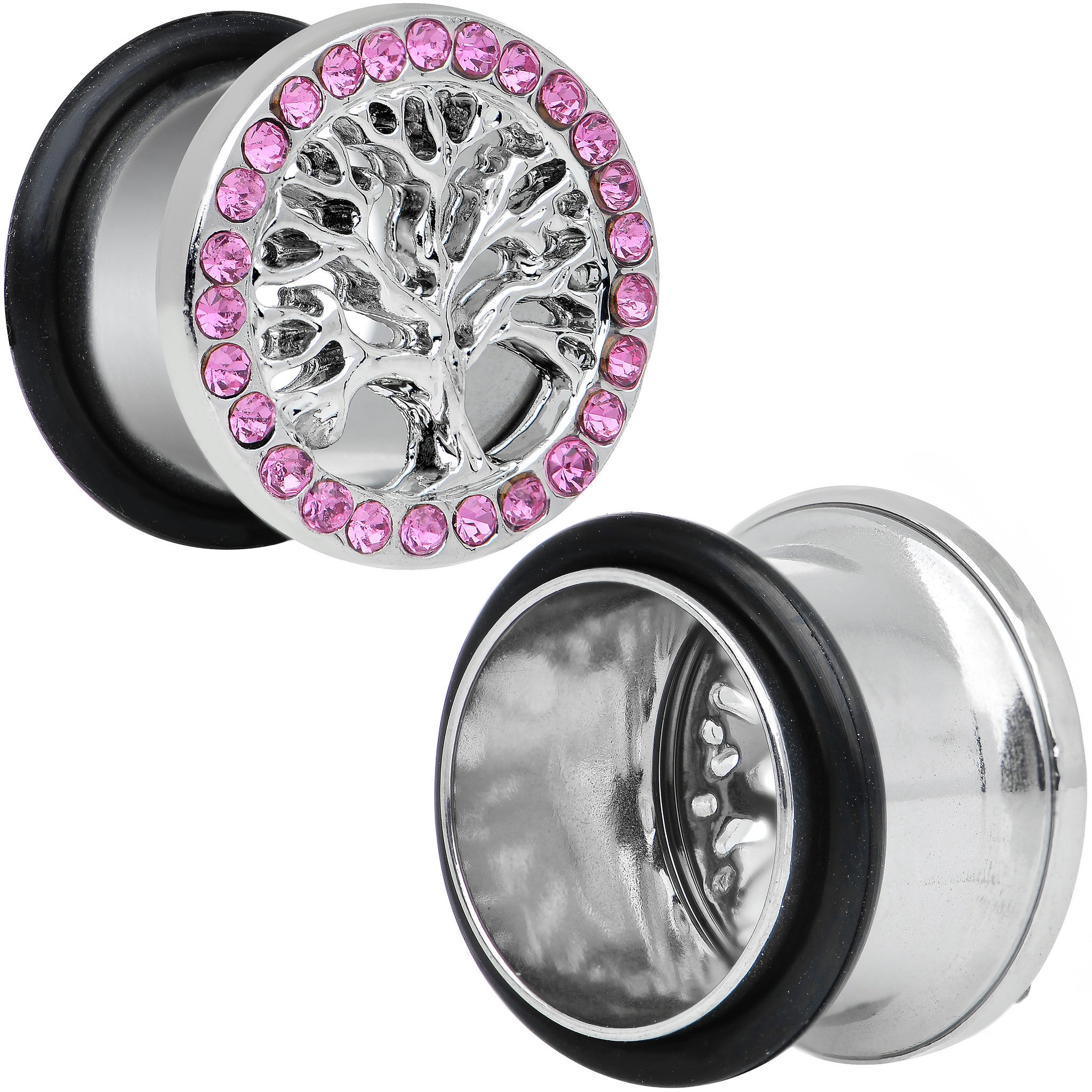 9/16 Pink Gem Stainless Steel Single Flare Tree of Life Plug Set