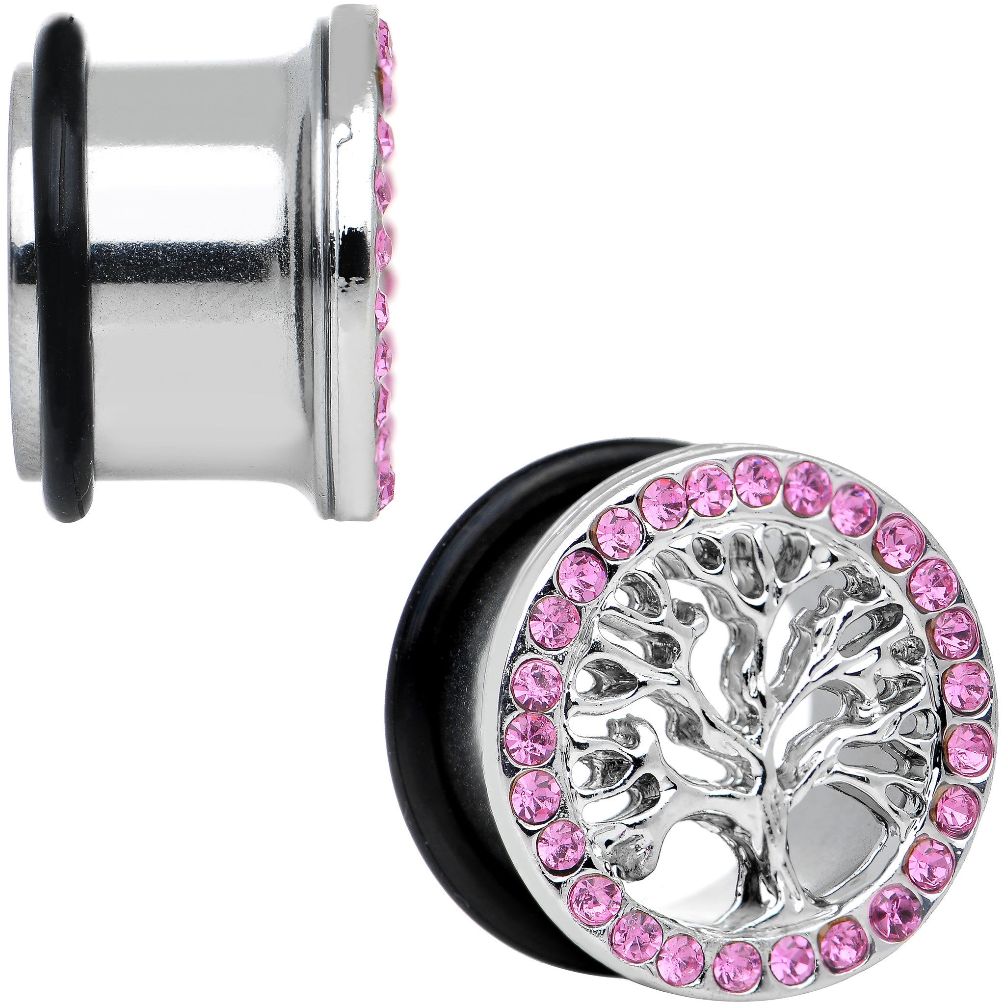 9/16 Pink Gem Stainless Steel Single Flare Tree of Life Plug Set