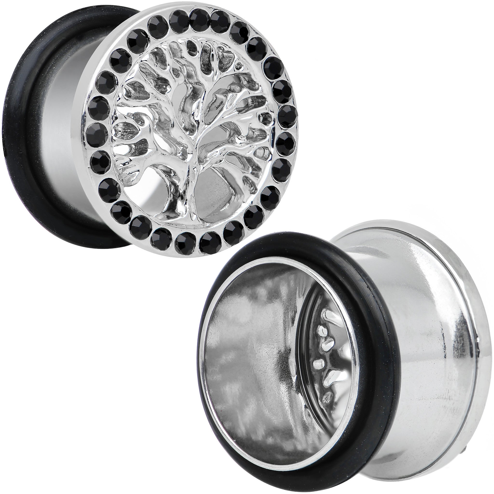 9/16 Black Gem Stainless Steel Single Flare Tree of Life Plug Set