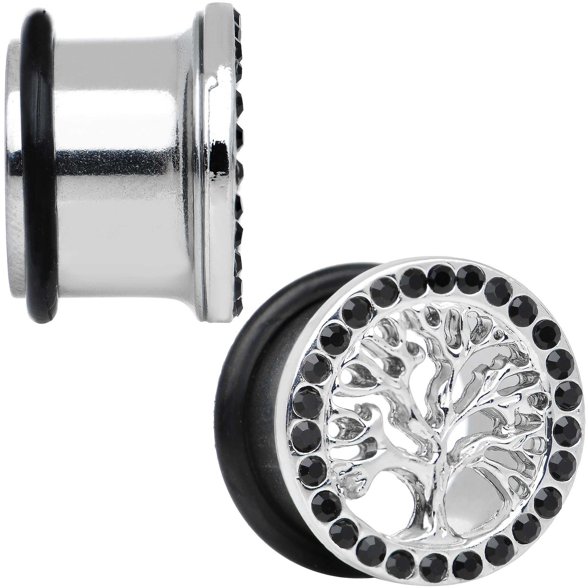 9/16 Black Gem Stainless Steel Single Flare Tree of Life Plug Set