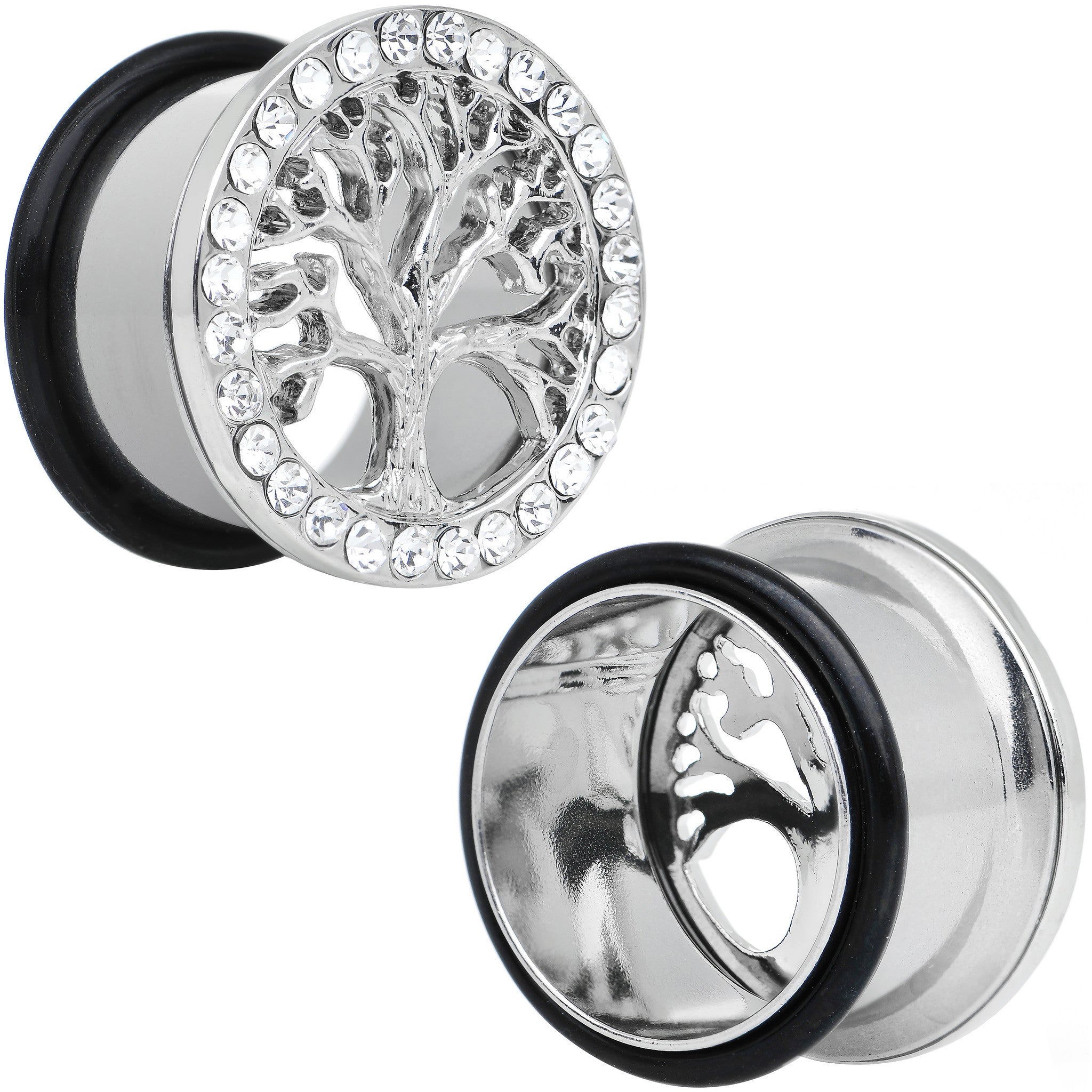 11/16 Clear Gem Stainless Steel Single Flare Tree of Life Plug Set