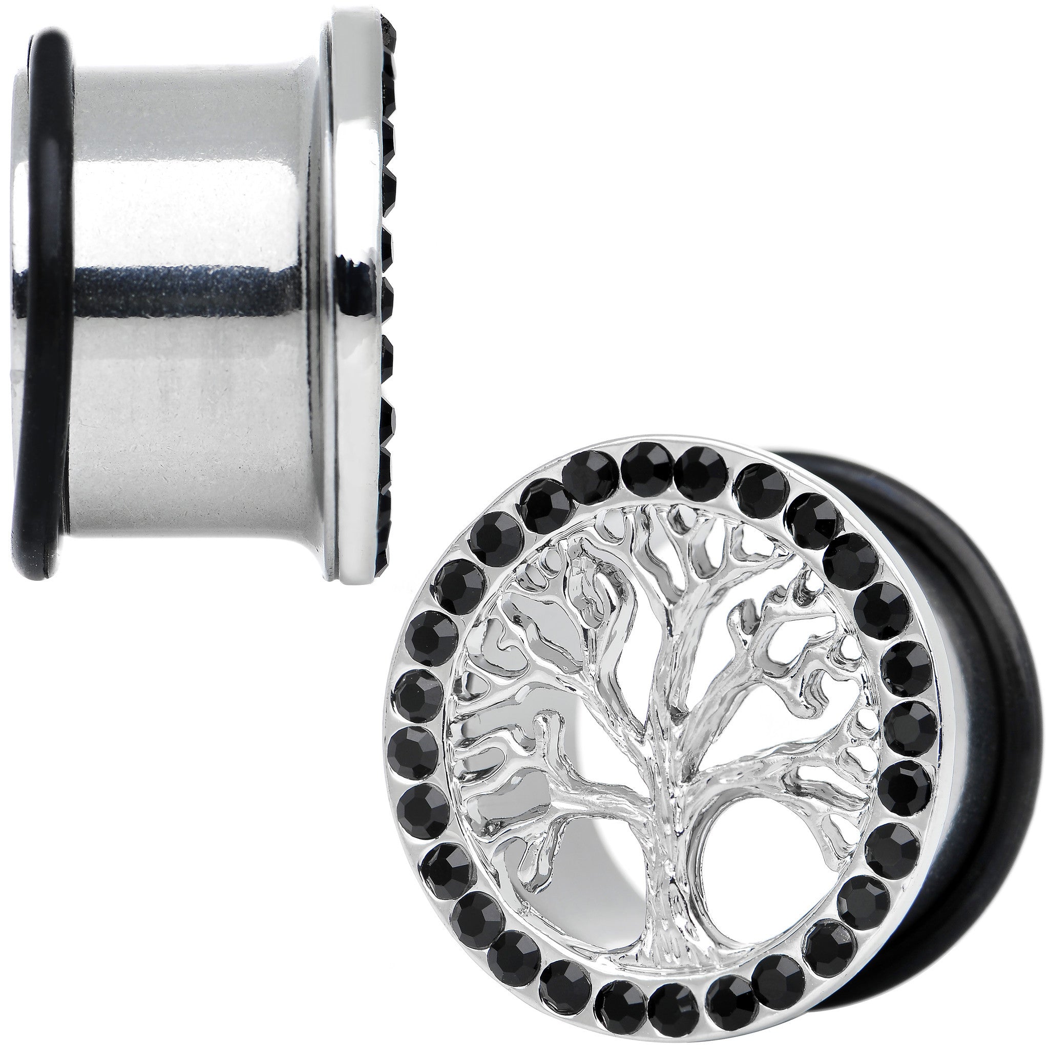 11/16 Black Gem Stainless Steel Single Flare Tree of Life Plug Set