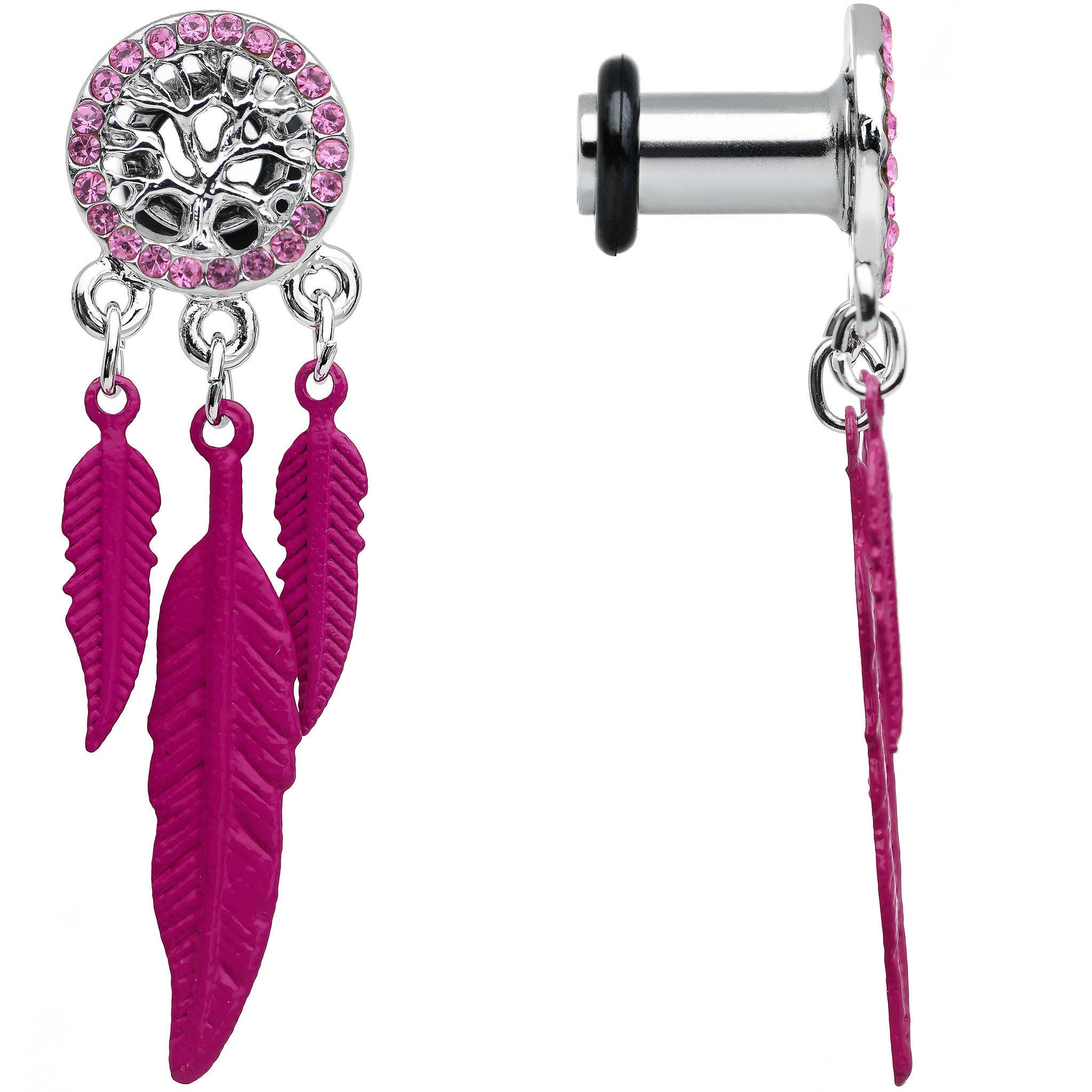 4G Pink Gem Steel Single Flare Tree of Life Dangle Plug Set
