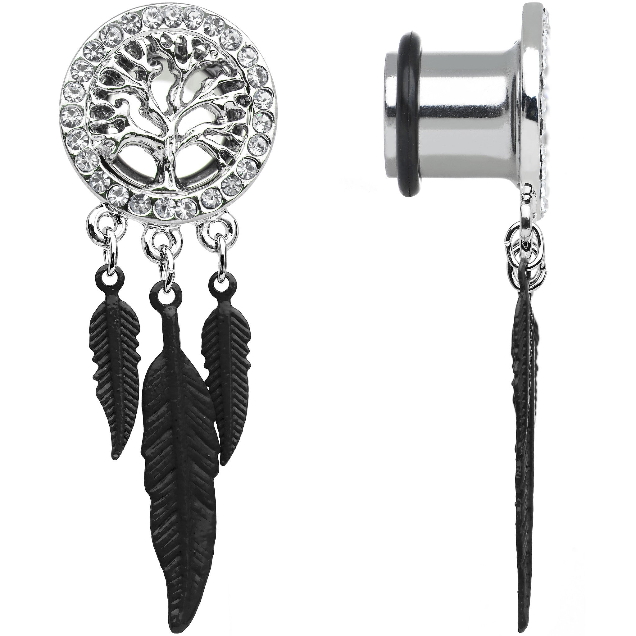 00G Clear Gem Steel Single Flare Tree of Life Dangle Plug Set