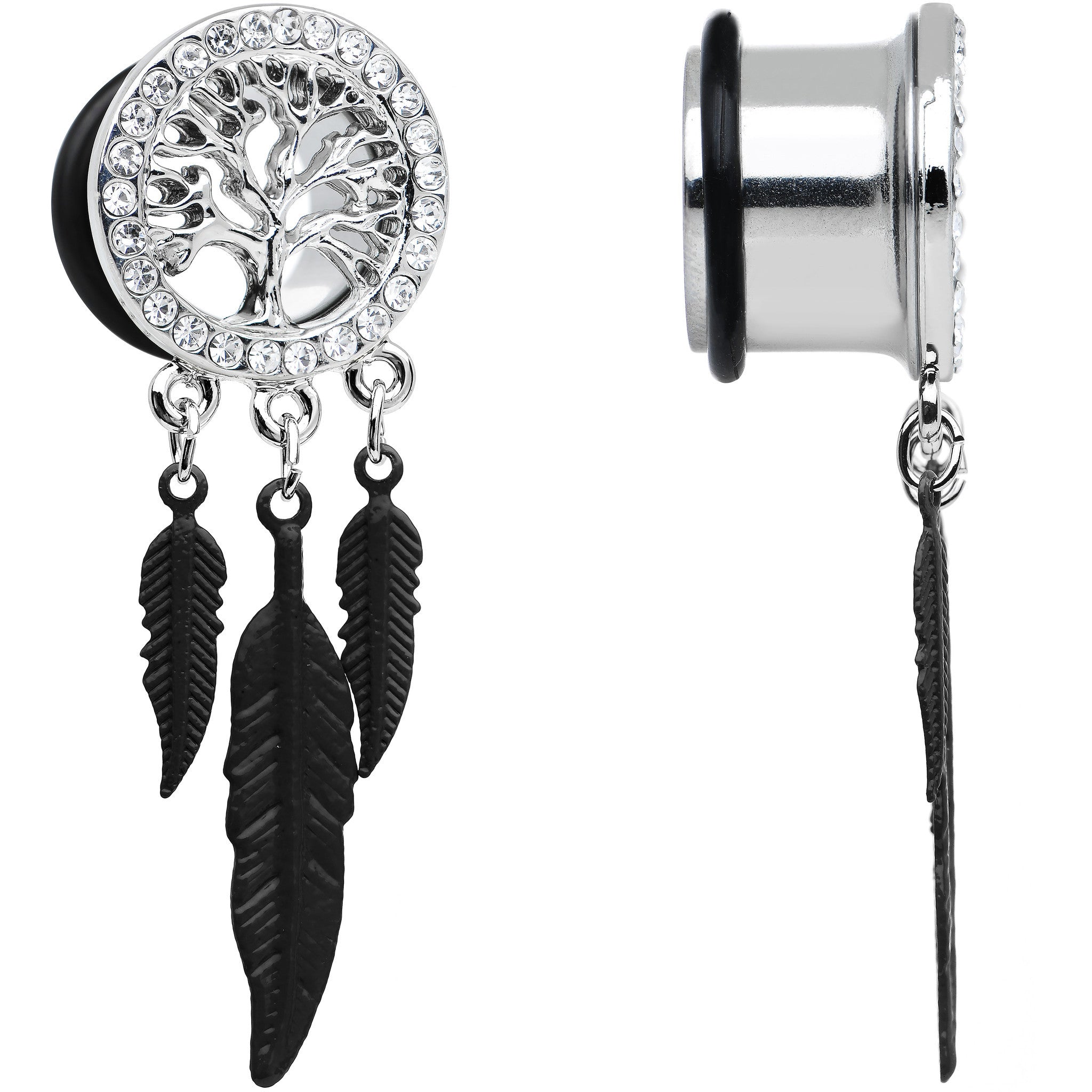 9/16 Clear Gem Steel Single Flare Tree of Life Dangle Plug Set