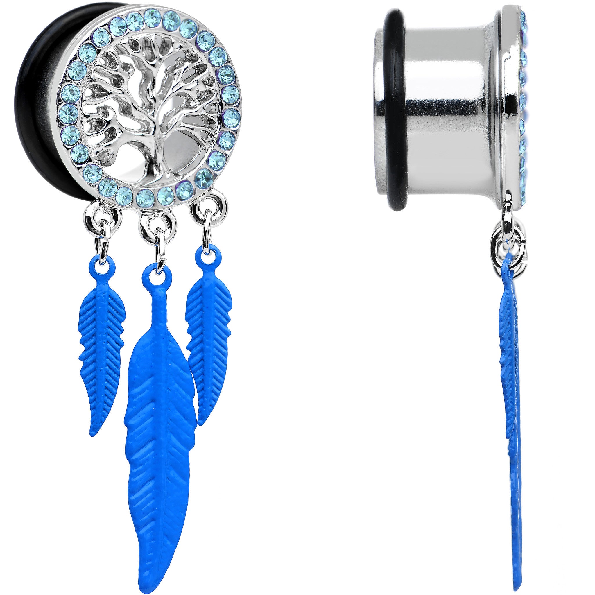 9/16 Blue Gem Steel Single Flare Tree of Life Dangle Plug Set