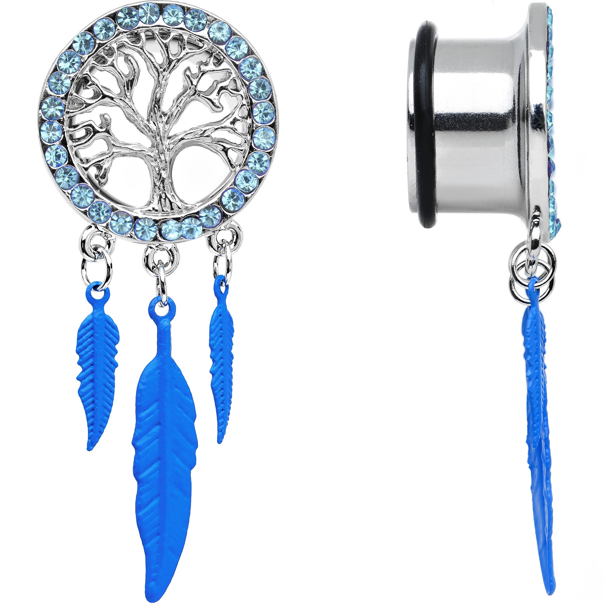 5/8 Blue Gem Steel Single Flare Tree of Life Dangle Plug Set