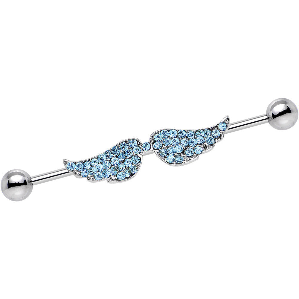 Blue Gem Encrusted Angel Wings Industrial Barbell 44mm