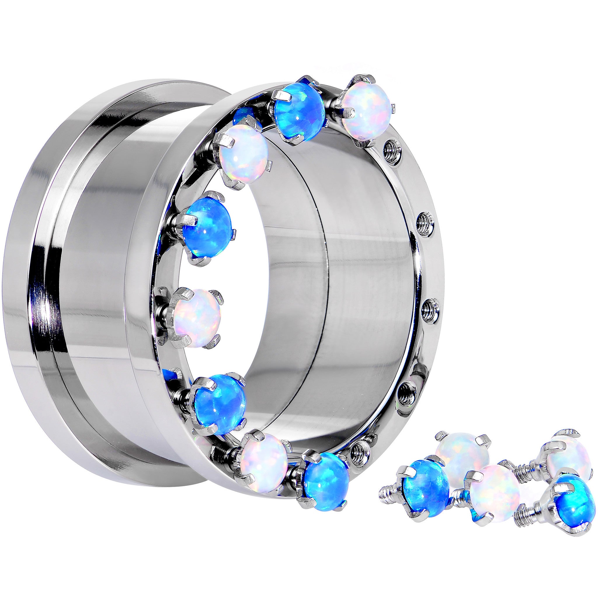 7/8 Aurora Blue Opal Gem Titanium Tunnels with Removable Dermal Tops