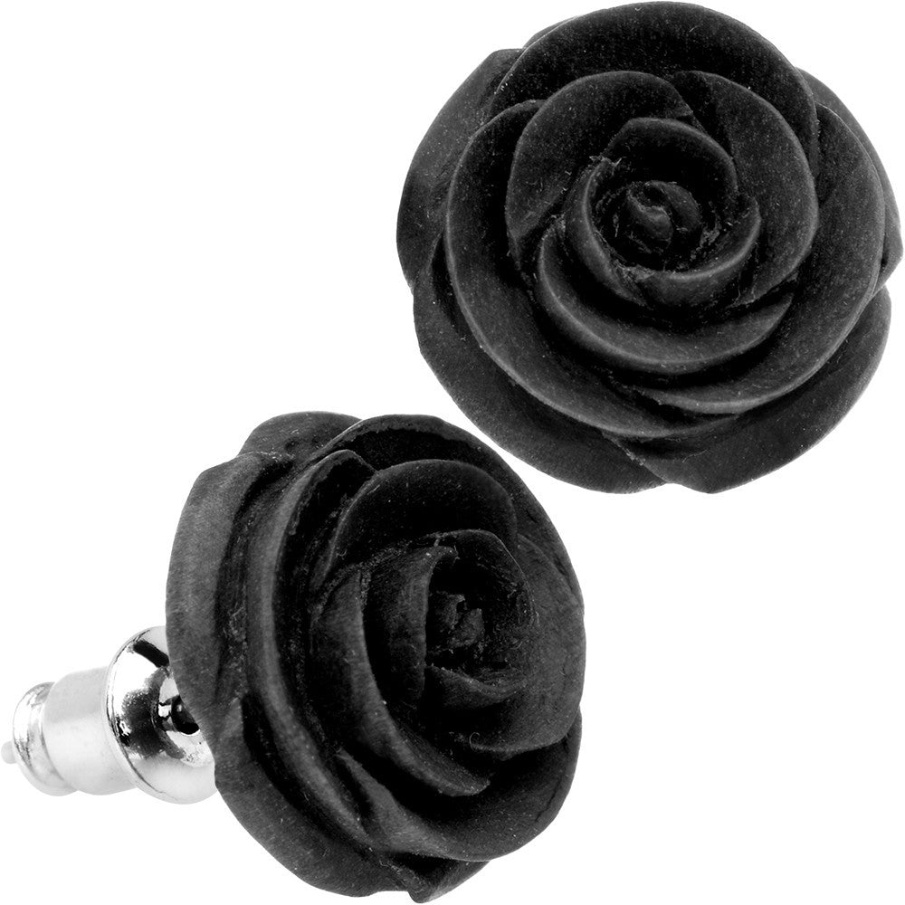 Organic Black Wood Hand Carved Rosebud Stud Earrings