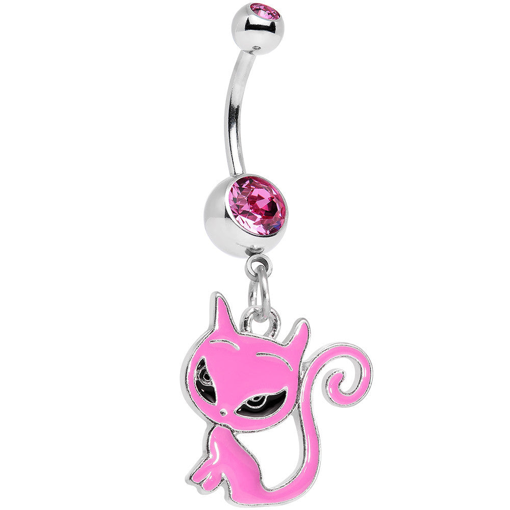 Pink Gem Kitten Dangle Belly Ring