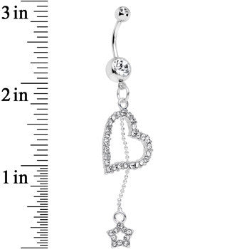 Clear Paved Heart and Star Dangle Belly Ring