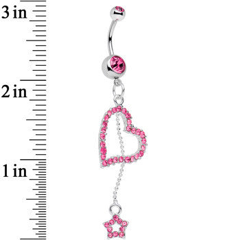 Pink Paved Heart and Star Dangle Belly Ring
