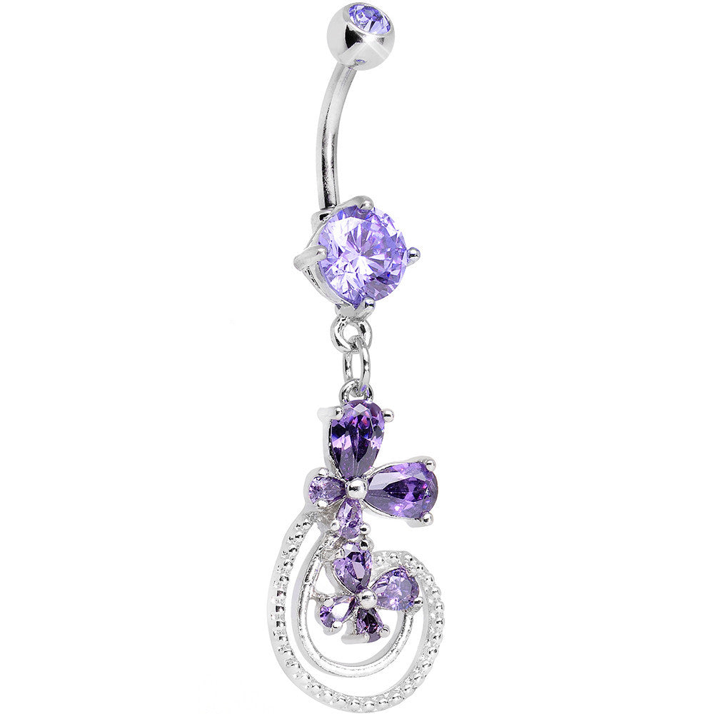 Purple Cubic Zirconia Flowers and Swirls Dangle Belly Ring
