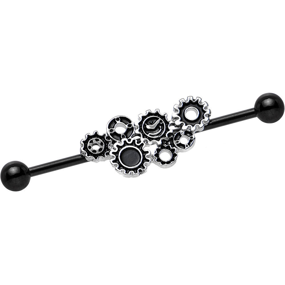 Black Plated Stainless Steel Steampunk Gears Industrial Barbell 36mm