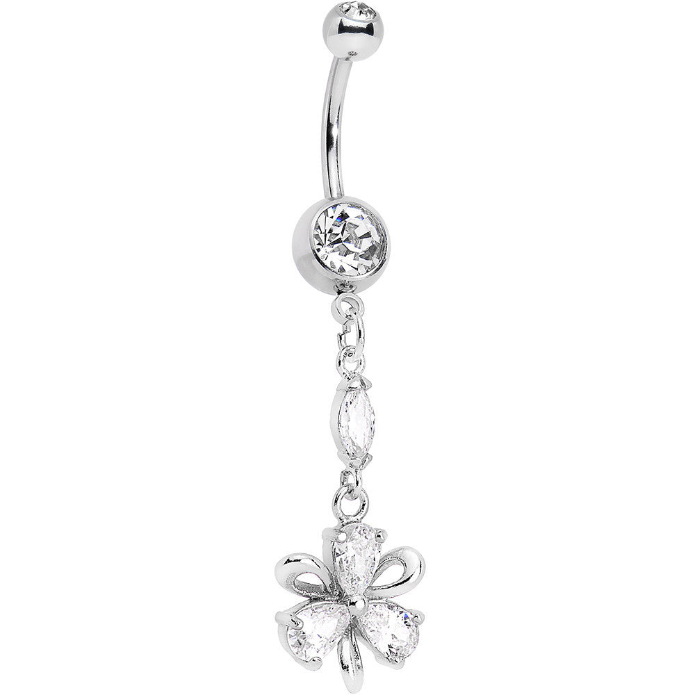 Clear Cubic Zirconnia Flower Ribbon Dangle Belly Ring