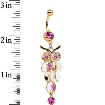 Pink Gem White Faux Opal Gold Anodized Feather Owl Dangle Belly Ring