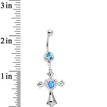 Aqua Gem Blue Imitation Opal Cross Heart Dangle Belly Ring