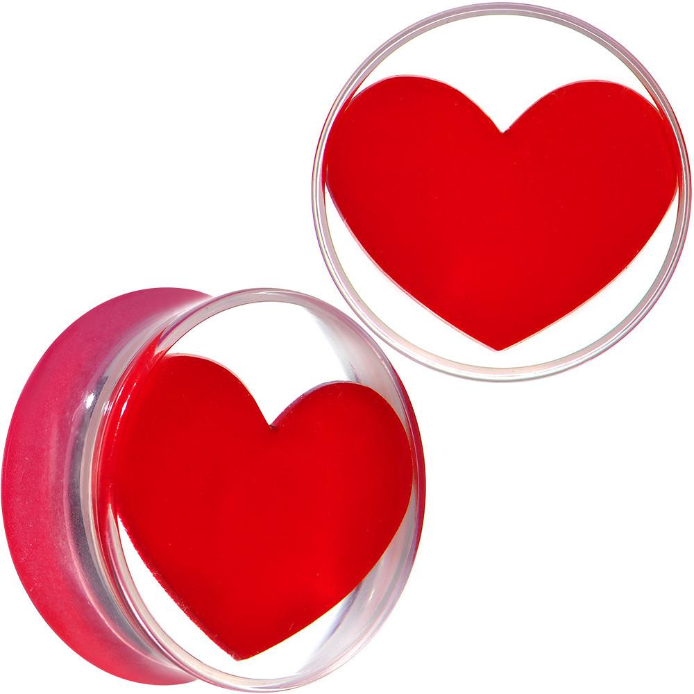 Clear Acrylic Red Heart Double Flare Saddle Plug Set 2G to 20mm