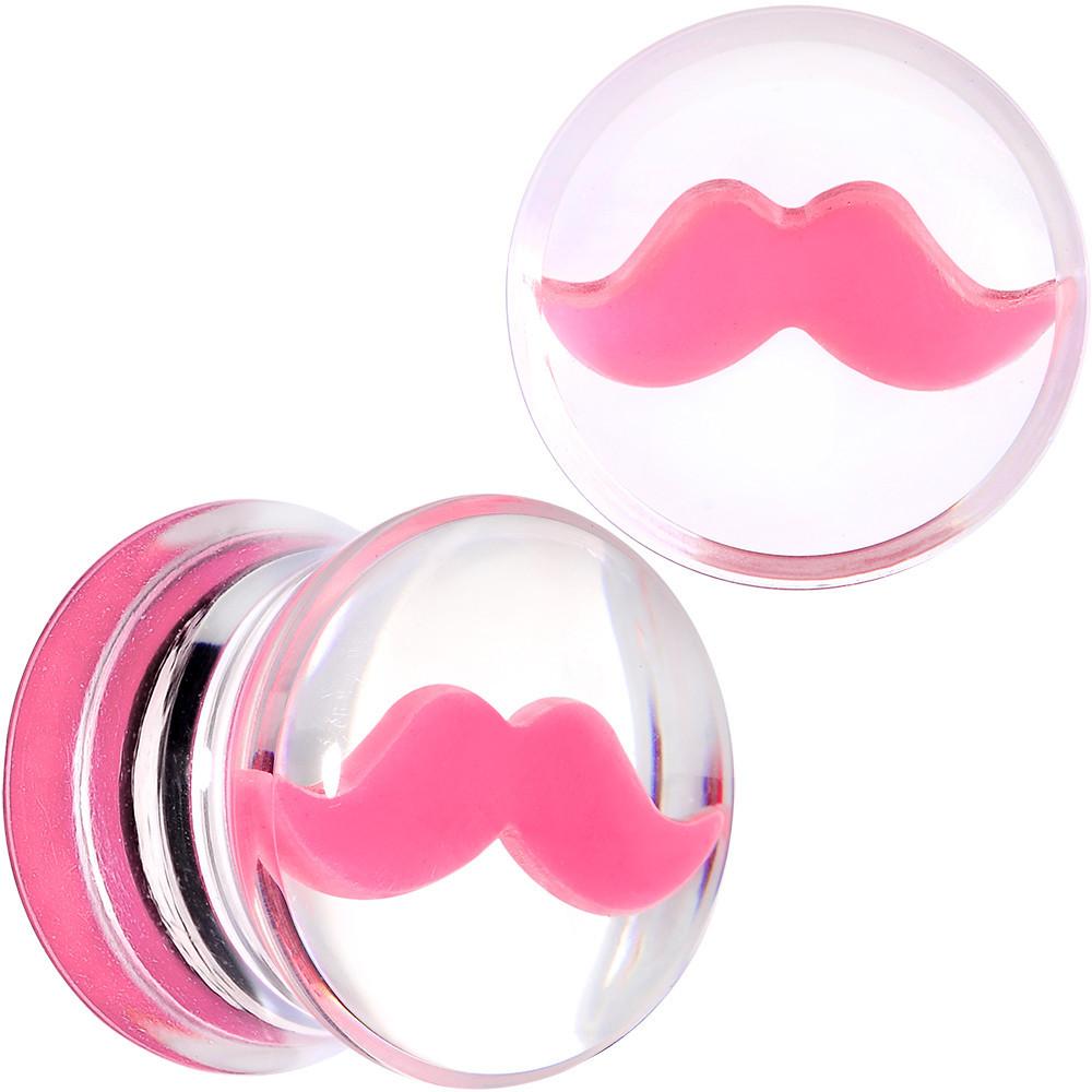 Clear Acrylic Pink Mustache Double Flare Saddle Plug Set 2G to 20mm