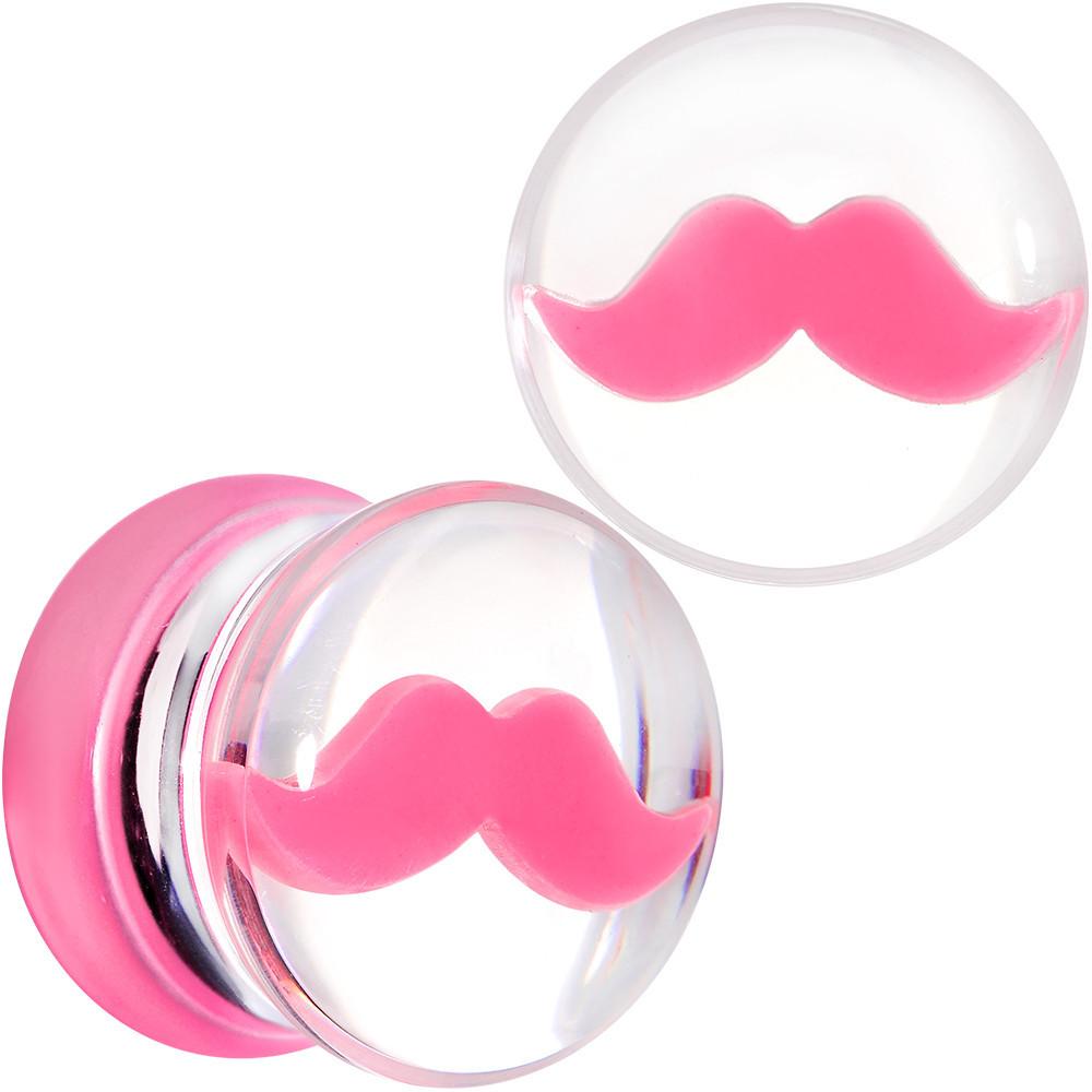 Clear Acrylic Pink Mustache Double Flare Saddle Plug Set 2G to 20mm